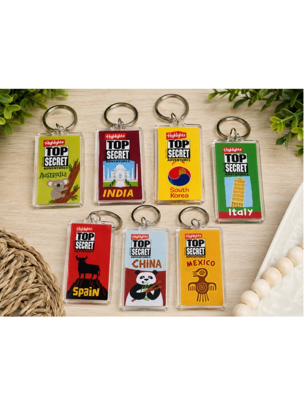 Vintage Highlights Top Secret Adventures Travel Keychain Set of 7 | Italy India